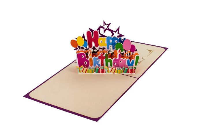 Carte 3D Pop-up Lettrage Happy Birthday violet