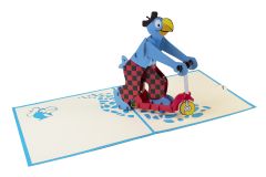 Carte 3D pop-up Globi sur sa trottinette bleue