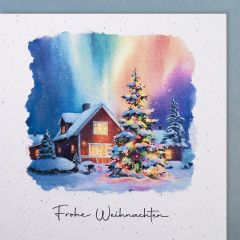 Handmade Paper Karte Winterhaus mit Nordlichtern Frohe Weihnachten 