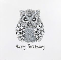 **Handpainted Jaab-Karte Silver Birthday Owl Happy Birthday