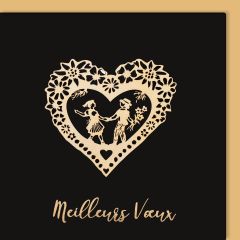 Carte découpée en bois Cœur fleuri avec couple Meilleurs vœux