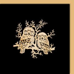 Carte découpée en bois Chouettes