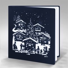 Scherenschnitt-Karte Santa beim Weihnachtsmarkt blau weiss