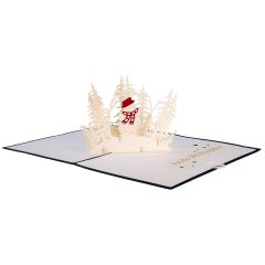 3D Pop-up-Karte Schneemann im Wald blau Frohe Weihnachten