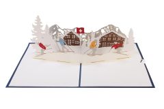 3D Pop-up-Karte Berge und Skifahrer blau