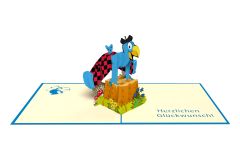 Carte 3D pop-up Globi sautant par-dessus un tronc d'arbre HB bleu