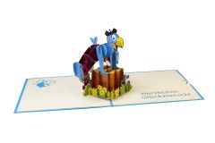 3D Pop-up-Karte Globi springt über Baumstamm Herzlichen Glückwunsch blau