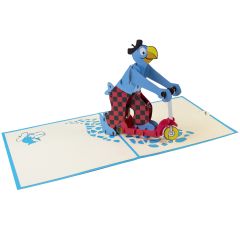 3D Pop-up-Karte Globi auf dem Trotti blau
