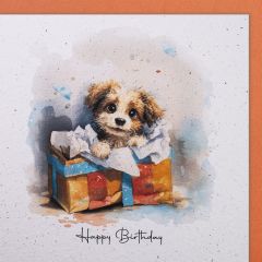 Carte papier fait à la main chien dans un colis