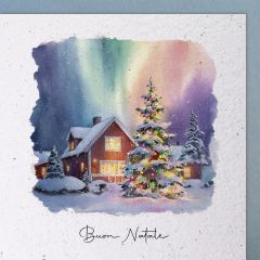 Handmade Paper Karte Winterhaus mit Nordlichtern Buon Natale