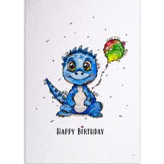 Handmade Paper Postkarte Nadeng Dino mit Ballon Happy Birthday 