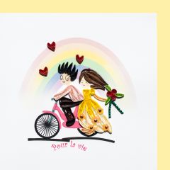 Carte Quilling Couple sur la bicyclette devant l'arc en ciel Pour la vie