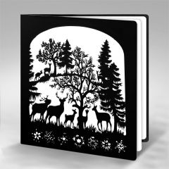 Scherenschnitt-Karte Wald mit Schneelocken schwarz weiss