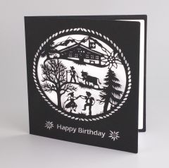 Scherenschnitt-Karte Geburtstag traditionell rund Happy Birthday schwarz weiss