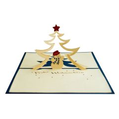 ACTION **Carte 3D Pop-up Bonhomme de neige et sapin Frohe Weihnachten bleu
