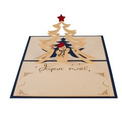 Carte 3D Pop-up Bonhomme de neige et sapin Joyeux Noël bleu