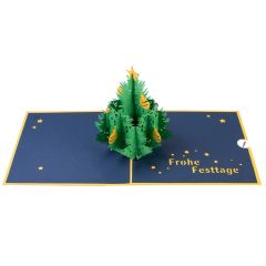 Carte 3D Pop-up Arbre de Noël Frohe Festtage bleu et or 