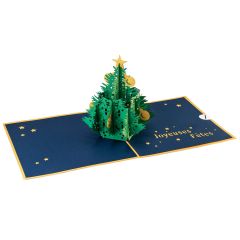 Carte 3D Pop-up Arbre de Noël Joyeuses Fêtes bleu et or 