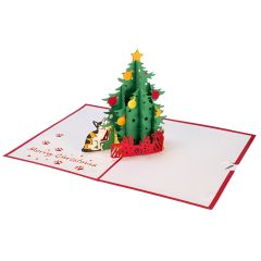 Carte 3D Pop-up Carte Arbre avec chat rouge Merry Christmas