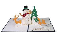 3D Pop-up-Karte Schneemann mit Tieren blau Frohe Weihnachten