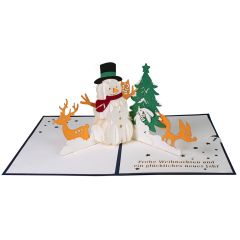 Carte 3D Pop-up Bonhomme de neige avec animaux bleu Frohe Weihnachten