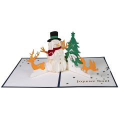 Carte 3D Pop-up Bonhomme de neige avec animaux bleu Joyeux Noël