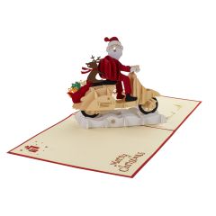 Carte 3D Pop-up Père Noël sur Vespa rouge Merry Christmas