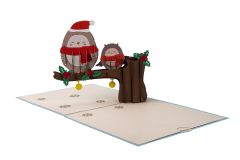 3D Pop-up-Karte Eulen auf Ast Merry Christmas blau