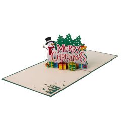 Carte 3D Pop-up Écriture Merry Christmas avec bonhomme de neige vert
