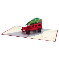 Carte 3D Pop-up Landrover avec sapin rouge Merry Christmas