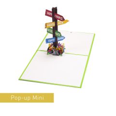 3D Pop-up-Karte Mini Wegweiser Alles Gute, Good luck, Bonnce chance, Tanti Auguri grün